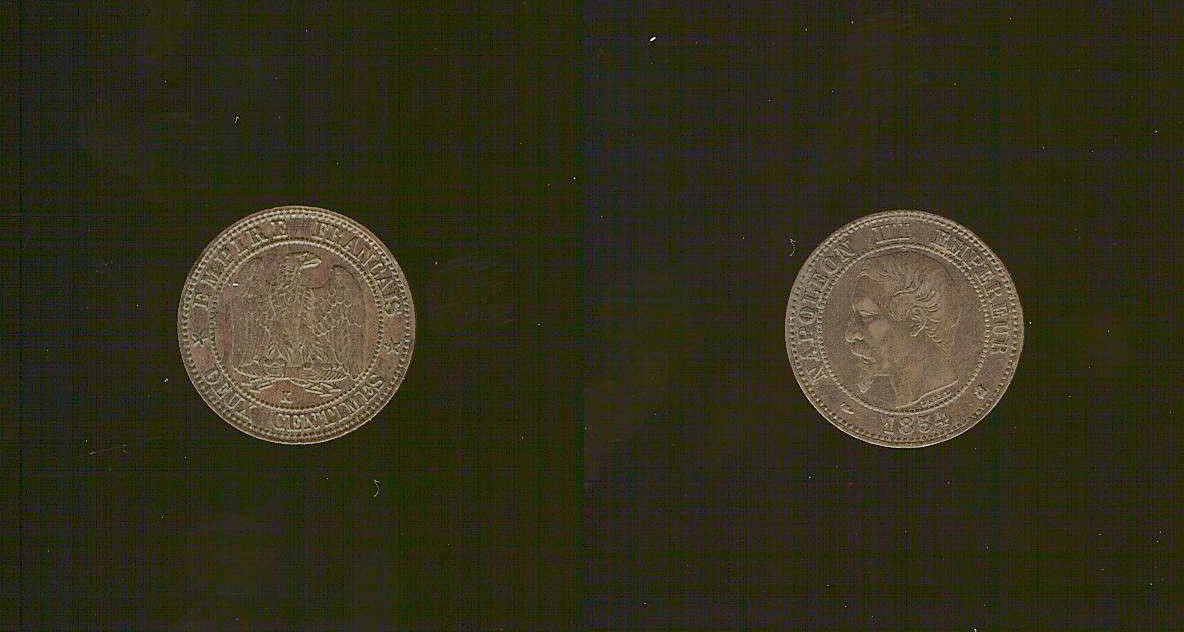 Deux centimes Napoléon III, tête nue 1854 Bordeaux TTB+